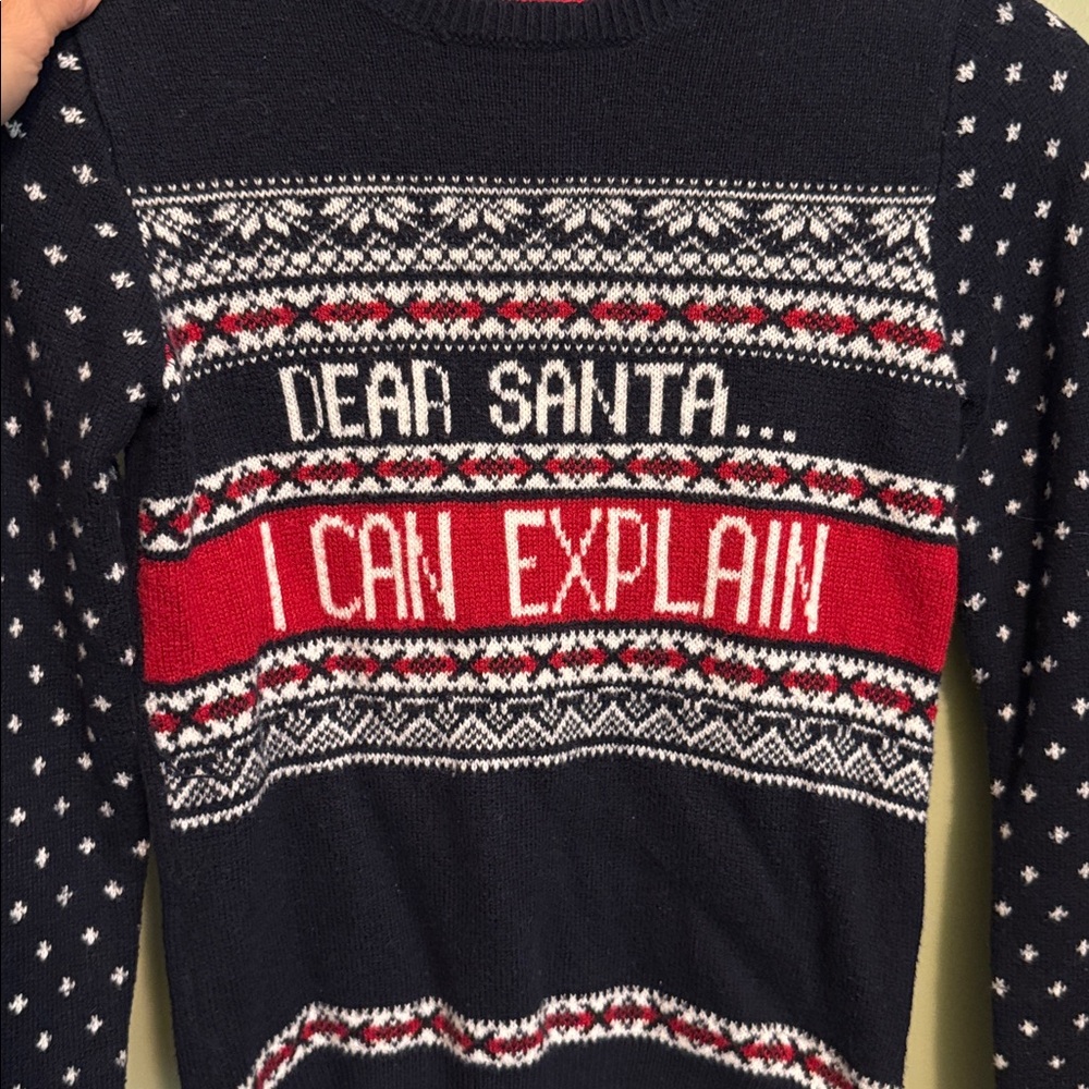 Boys size 7-8 Navy Christmas Sweater with Red and White Pattern